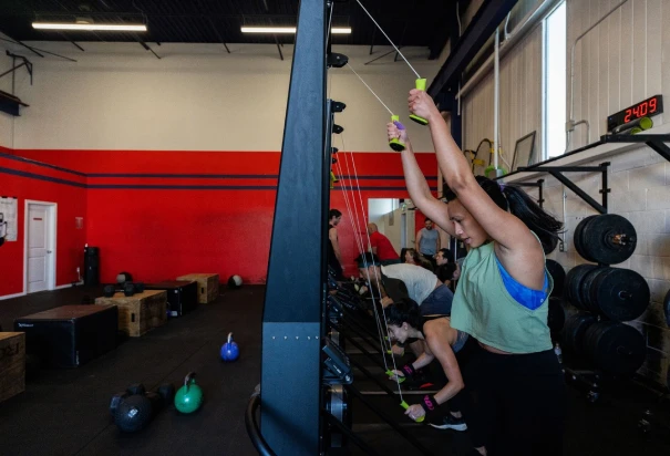 People working out on a ski erg
